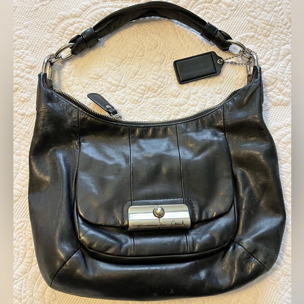 Black leather Coach shoulder bag - light blue interior